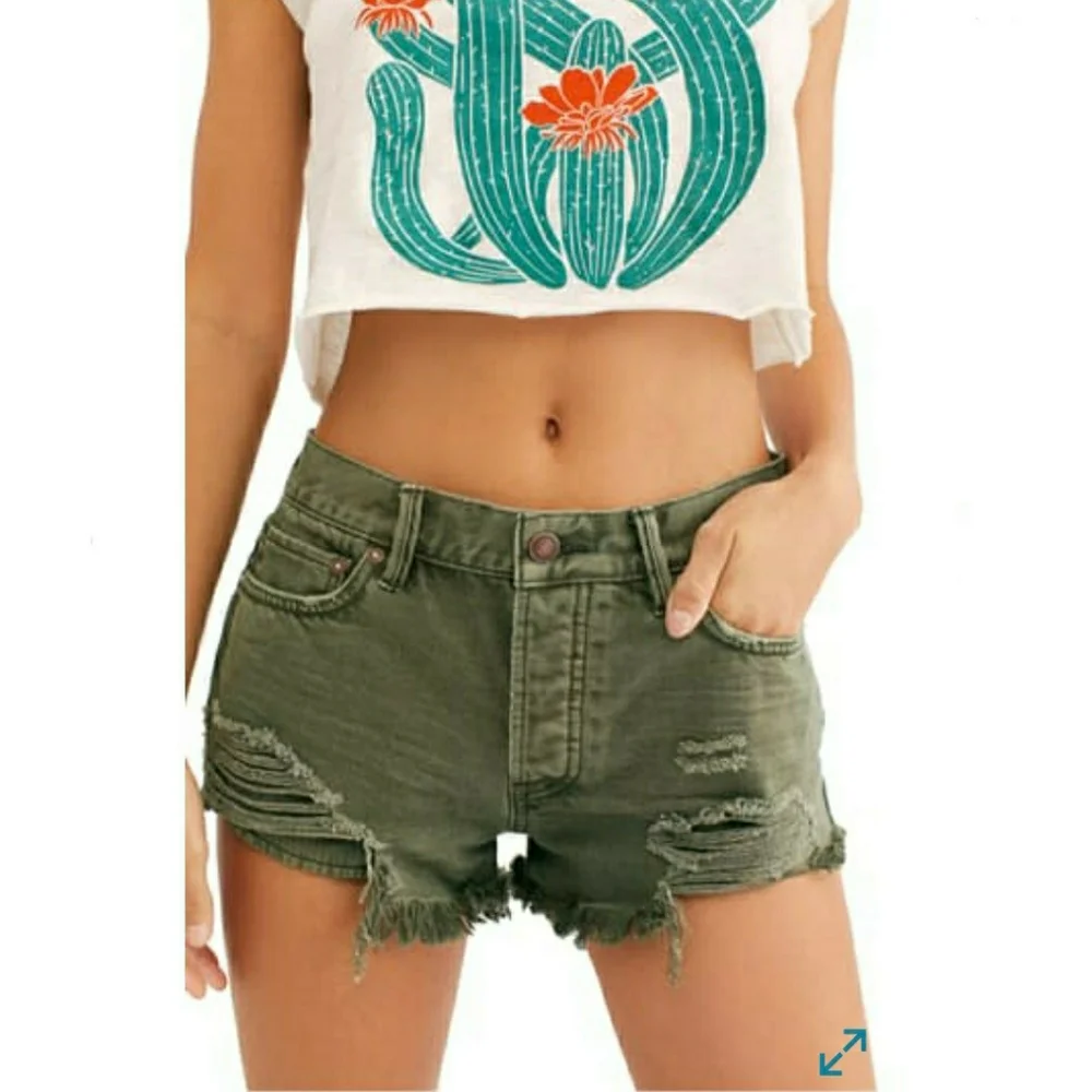 Free People Distressed Grunge Shorts Army Green - Picture 10 of 11